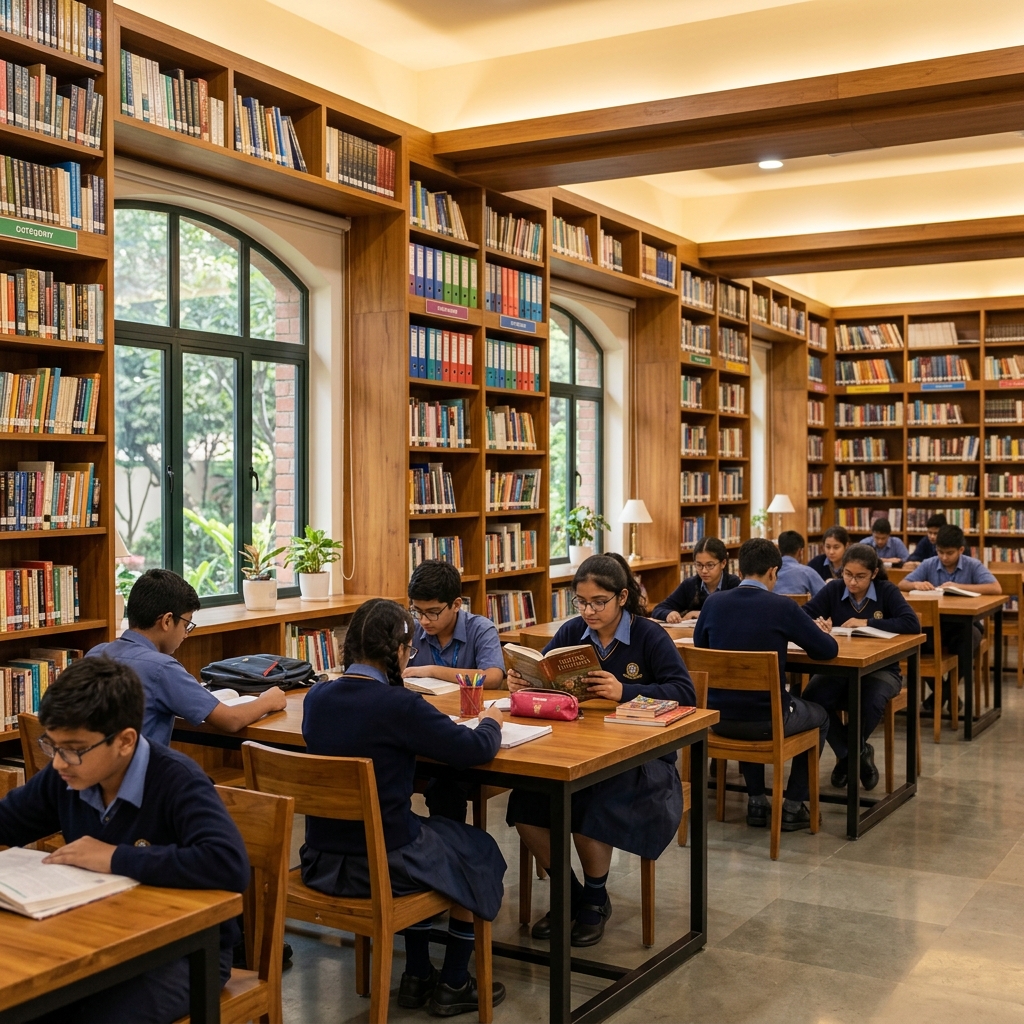 Well-equipped school library with reading and reference sections